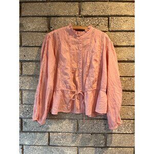 Pink Button-Up Blouse With Lace Panels & Waist Tie